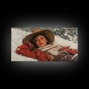 Cowgirl Laying In The Snow Framed Canvas Print, Cute Rustic Decor, Cowgirl Portrait Painting, Winter Wall Art