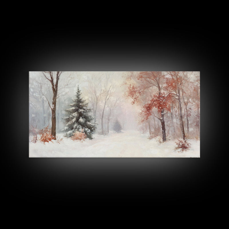 Winter In The Forest, Snowy Landscape Painting, Winter Art, Framed Canvas Print, nostalgic fall festival art for cozy seasonal home decor