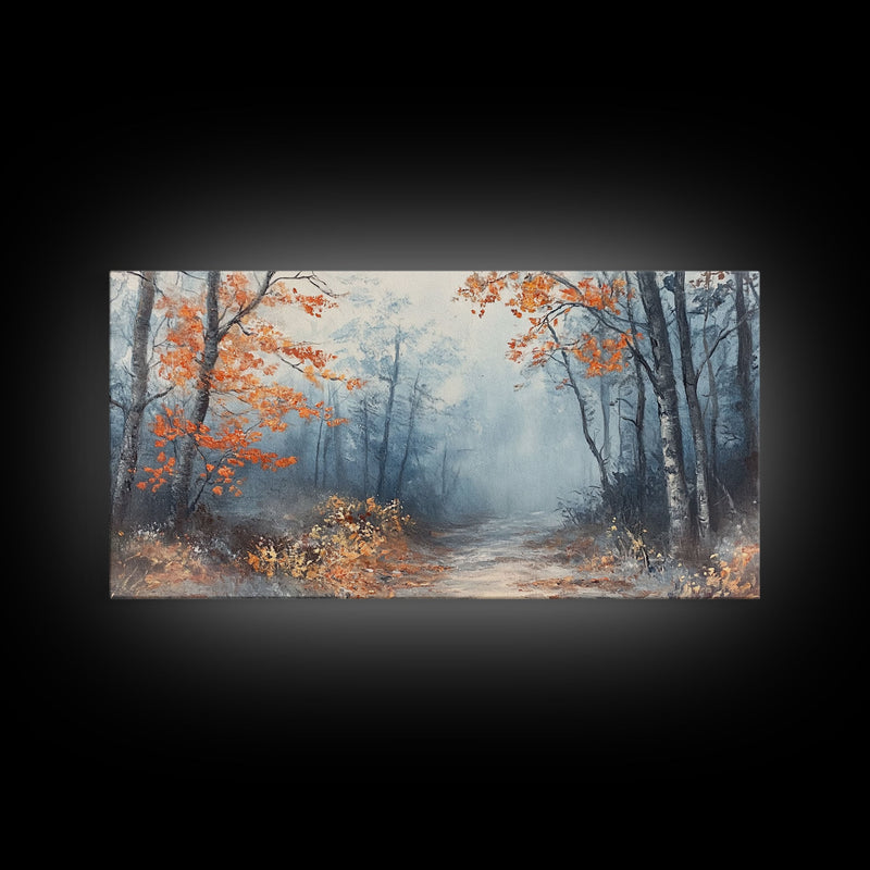 Winter Forest Path Framed Canvas Print, Misty Trees and Snow Scene, Landscape, Winter Wonderland Art, Christmas Home Decor, Holiday Gift