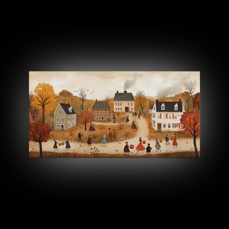 Autumn Harvest Village Scene Framed Canvas Print - Cozy Fall Decor and Seasonal Wall Art with Country Charm and Autumn Ambiance