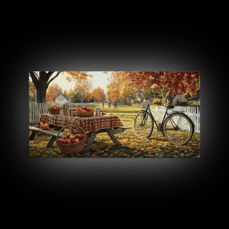 Autumn picnic with apples and plaid tablecloth, fall farmhouse decor, canvas print, country autumn art, autumn wall decor