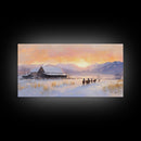 Snowy Farmhouse Sunset Framed Canvas Print, Winter Mountain Landscape Art, Rustic Country Christmas Decor, Best Winter Wall Art Gift