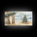 Christmas Tree On Sandy Beach With Surfboard Coastal Decor Framed Canvas Print, Beach Christmas Decor Wall Art