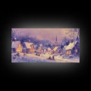 Serene Christmas Village Framed Canvas Print, Snowy Winter Landscape with Families Sledding in a Cozy Neighborhood Holiday Art