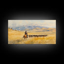 Cowboy On Snowy Path Framed Canvas Print Tall Art Winter Wonderland Western Christmas Decor Rustic Winter Wall Art Gift Cowboy Holiday Gift