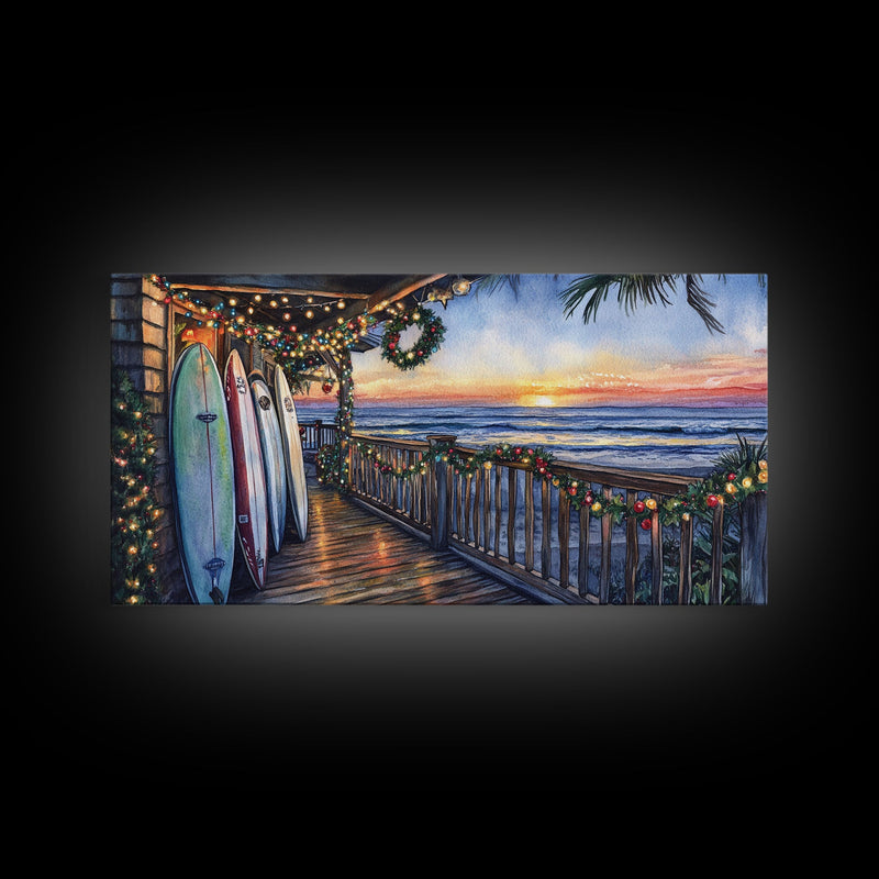 Beachfront porch with surfboards and Christmas lights, Framed Canvas Print with wreaths festive lights, coastal holiday wall art and decor