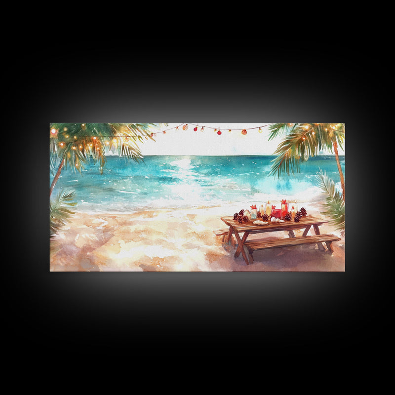 Beach Christmas decor picnic setup with palm trees and lights, framed canvas print showcasing tropical coastal holiday art decor