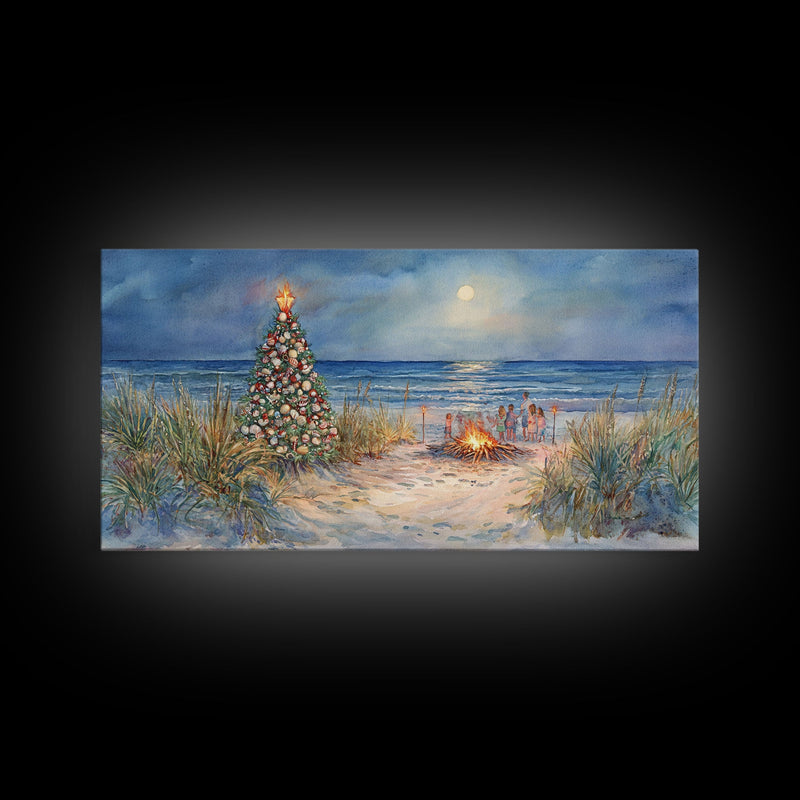 Beach Christmas family gathering by the ocean and bonfire, framed canvas print featuring tropical holiday decor wall art