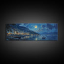 Horizontal Oil Painting Print - Italy At Night - Portofino Wall Art - Horizontal Panoramic Print - Full Moon Painting
