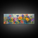 Wildflowers Field Framed Canvas Print Oil Painting, Long Horizontal Art, Vintage Spring Meadow Landscape, Panoramic Landscape Print