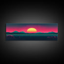 Synthwave Sunset Over The Mountains, Wireframe Art, Framed Canvas Print, Wire Frame Retro 1980s Style Wall Art