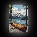 Canoe in the Mountains Framed Canvas Print, Abstract Pacific Northwest Oil Painting Print, Oregon or Washington Wall Art
