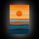 Sunset Over The Ocean Minimalist Print, Vertical Sea Sun Framed Canvas, Waves Line Art, Blue and Orange Sunset Beach House Painting
