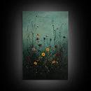 Moody Wild Flowers Print, Framed Canvas, Boho Decor, Wildflowers in a Rain Storm, Modern Farmhouse, Rustic Decor