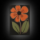 Mid Century Modern Floral Print, Orange Flower on Black Background, Framed Canvas Print