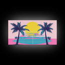 Retro Synthwave Wall Art, Outrun Home Decor Framed Canvas Print, Two Palm Trees and a Sunset