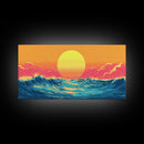 Retro Sunset Over The Ocean, Framed Canvas Print, Beautiful Synthwave Horizontal Wall Art