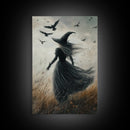 The Witch and her Ravens, Framed Canvas print, Spooky Season Halloween Wall Art, Gothic Home Decor, Witch Wall Art, Halloween Art