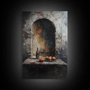 Medieval Kitchen Wall Art, Rustic Home Decor, Framed Canvas Print, Kitchen Home Decor, Dining Room Wall Art, Wine and Fruit Still Life Painting
