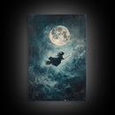 Witchy Decor, Witch Wall Art, Witch Riding a Broom Under a Full Moon, Witch Painting, Framed Canvas Print, Witchy Wall Art, Halloween Decor