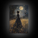 Witch Under a Full Moon Framed Canvas Print, Vintage Art Prints, Dark Academia, Witchy Gifts, Halloween Prints, Gothic Wall Art