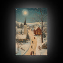 Full Moon on Christmas Even, Framed Canvas Print, Vintage Christmas Oil Painting Print, Christmas Village Wall Art, Christmas Sign, Christmas Art