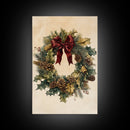 Vintage Christmas Wreath Canvas Print - Framed Canvas - Minimalist Christmas Art - Boho Christmas Art - Rustic Christmas Art