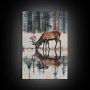 Elk Drinking Water Oil Painting Print, Framed Canvas, Deer Drinking Water In Forest Painting, Nature Decor, Cabin Wall Art, Winter Wall Art