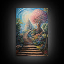 The Steps To The Sky, Framed Canvas Print, Cute Fantasy  Decor, Preppy Wall Art, Gift For Her, Dorm Wall Art, Landscape Painting