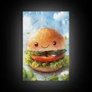Kawaii Hamburger Canvas Print, Cute Hamburger Painting, Kitchen Decor, Kawaii Wall Art, Veggie Burger Painting