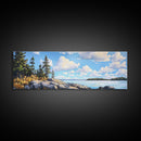 Acadia National Park, Framed Canvas Print, Acadia Watercolor Art Painting, Extra Wide Panoramic Wall Art, Horizontal Mountain Landscape Painting