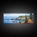 Acadia National Park, Framed Canvas Print, Acadia Watercolor Painting, Extra Wide Panoramic Wall Art, Horizontal Mountain Landscape Painting