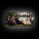 Victorian Women Having a Summer Party on the River, Framed Canvas Print, Victorian Summr Day Oil Painting Print, Whimsical Wall Art
