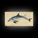 Retro Minimalist Dolphin Painting, Dolphin Home Decor, Framed Canvas Print, Nautical Decor, Elegan Japanese Style Artwork, Wabi Sabi Art