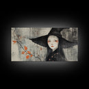 Wabi Sabi Japanese Witch Portrait - Framed Canvas Print - Wood Framed Art - Japanese Style Witchy Wall Art