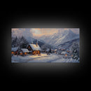 Christmas Mountain Village Oil Painting Print, Framed Canvas, Retro Christmas, Christmas Mountain Landscape Painting, Christmas Art