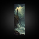 Nautical Landscape Painting Canvas Print, The Light House, Lighthouse Painting, Seascape Painting, Accent Piece, Tall Narrow Art, Skinny Art