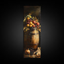 Still Life Oil Painting Print of Fruit and a Wine Barrel, Wine Room Art, Wine Cellar Art, Bar Decor, Tall Skinny Art, Skinny Vertical Art