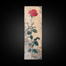 Red Rose Art Print Canvas Print, Japanese Inspired Rose Painting, Long Narrow Wall Art, Tall Skinny Art, Framed Canvas Print, Boho Wall Art