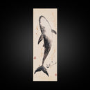 Minimalist Whale Ink Art Depicting Graceful Humpback Whale – Elegant Black and White Framed Canvas Print for Nautical or Coastal Decor