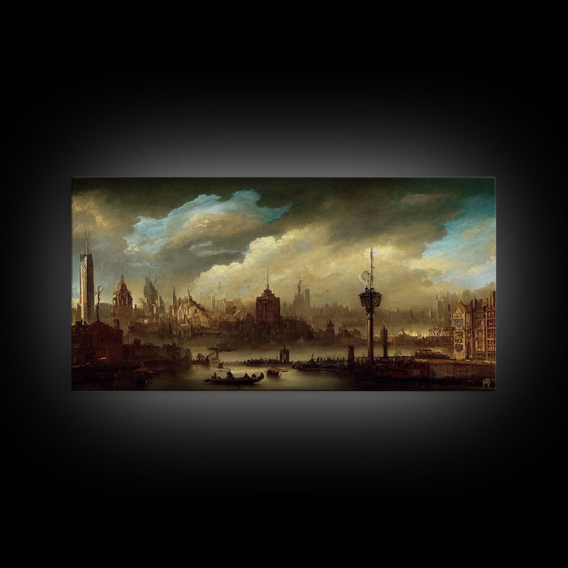 Victorian Steampunk Cityscape, Concept Art, Ready To Hang Canvas Print, Framed Wall Art