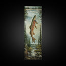 Trout In Mountain Scene Framed Canvas Print Rustic Landscape Art Fly Fishing Wall Art Skinny Wall Art Tall Vertical Decor
