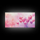Pink Balloons Painting Framed Canvas Print, Whimsical Art Light Pink Wall Decor, Extra Wide Horizontal Wall Art Rustic Art Gift