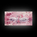 Swan Reflection Watercolor Framed Canvas Print, Romantic Wildlife Art, Cherry Blossom Wall Art, Rustic Farmhouse Decor, Bedroom Art