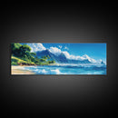Tropical Paradise Beach Framed Canvas Print - Panoramic Hawaii Coastal Painting, Nautical Wall Art, Ocean View Living Room Wall Decor