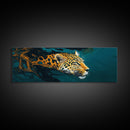 Leopard In Motion Framed Canvas Print - Abstract Jungle Painting, Teal And Orange Wildcat Art, Modern Safari Wall Decor, Bedroom Accent