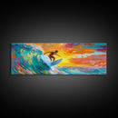 Surfer Riding Wave Canvas Print, Surf Wall Art, Coastal Decor, Nautical Painting, Colorful Art, Living Room Art, Gift Idea, Rustic Wall Art