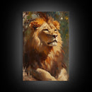 Regal Lion Oil Painting Framed Canvas Print – Rustic Decor Wall Art, African Lion Wildlife, Above Couch Art, Bold Statement Piece
