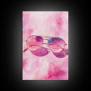 Stylish pink sunglasses painting featuring framed canvas print, pink wall art, boho art, above sofa art, modern living room decor