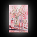 Pink wildflower botanical prints with glass bottles framed canvas print for bedroom or guest room rustic decor gift idea her wall art